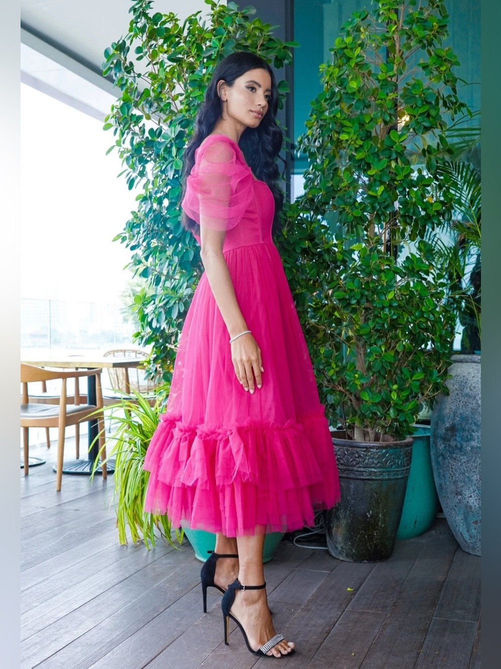 JAYNE BRIGHT PINK TULLE MIDI DRESS